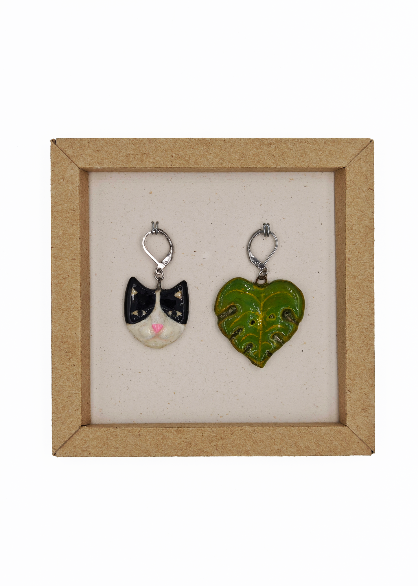 Handmade Cat and Leaf air-dry clay earrings