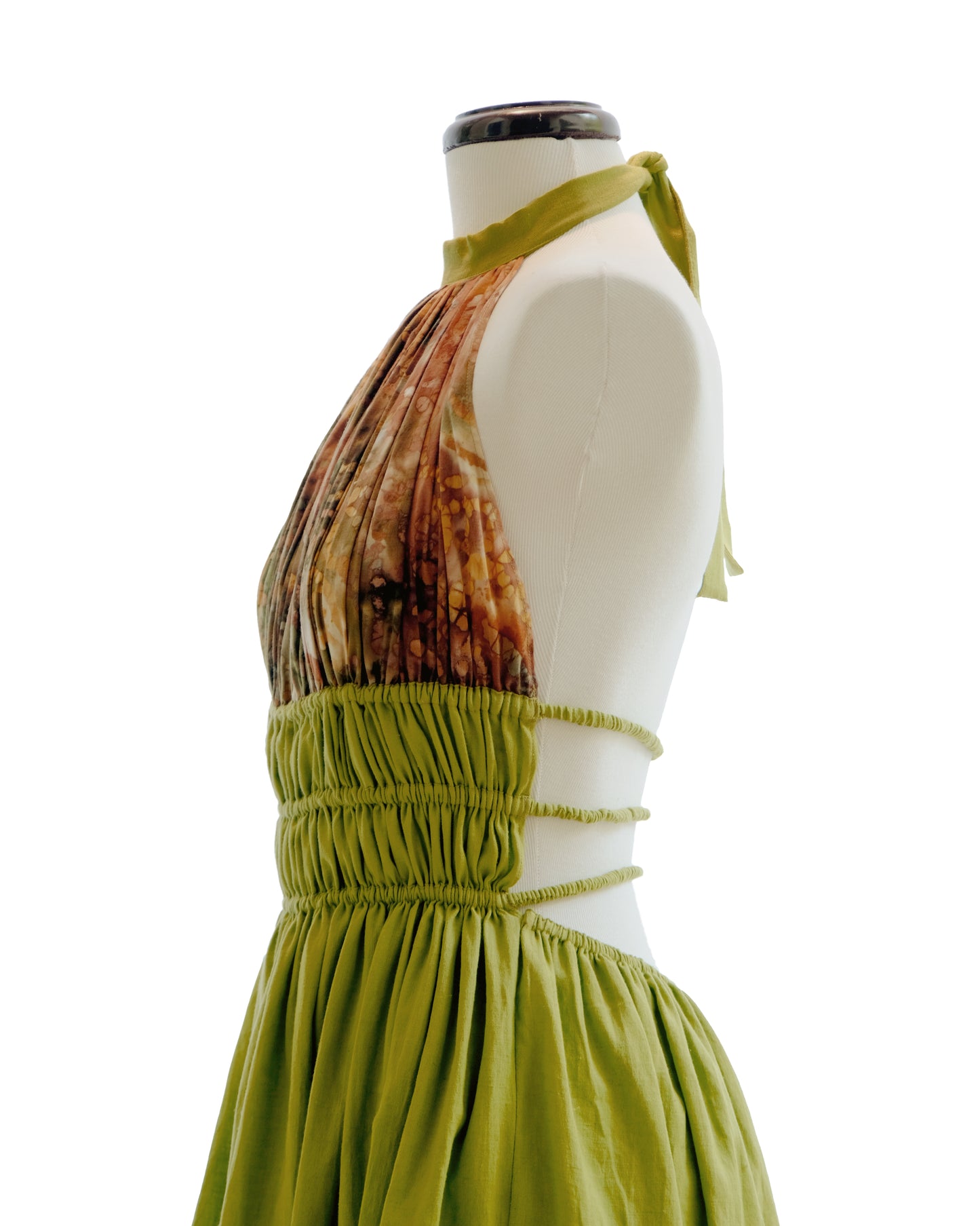 Linen dress with batik-dyed cotton fabric.