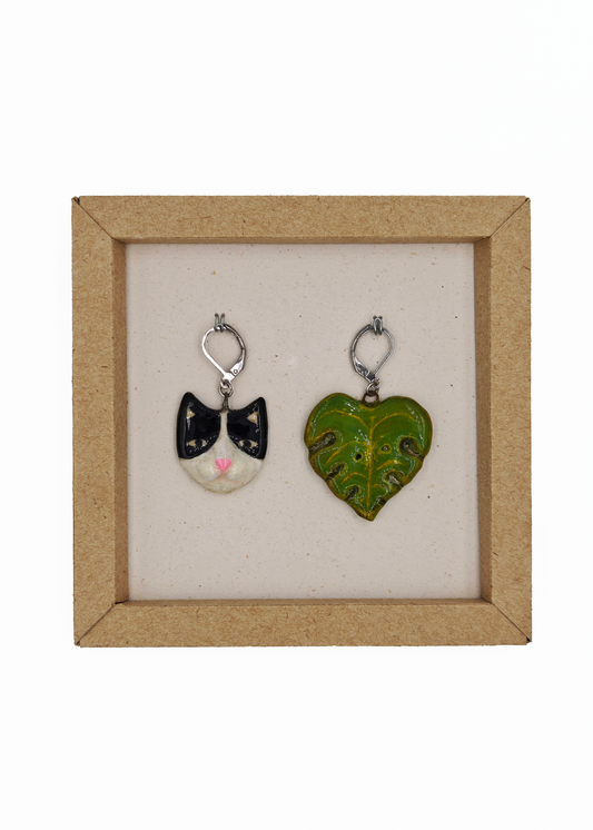 Handmade Cat and Leaf air-dry clay earrings