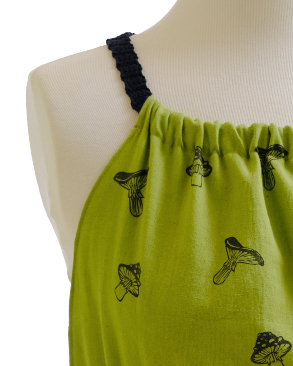 Handmade mushroom blockprinted top with crocheted straps