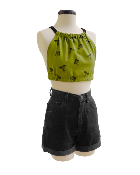 Handmade mushroom blockprinted top with crocheted straps