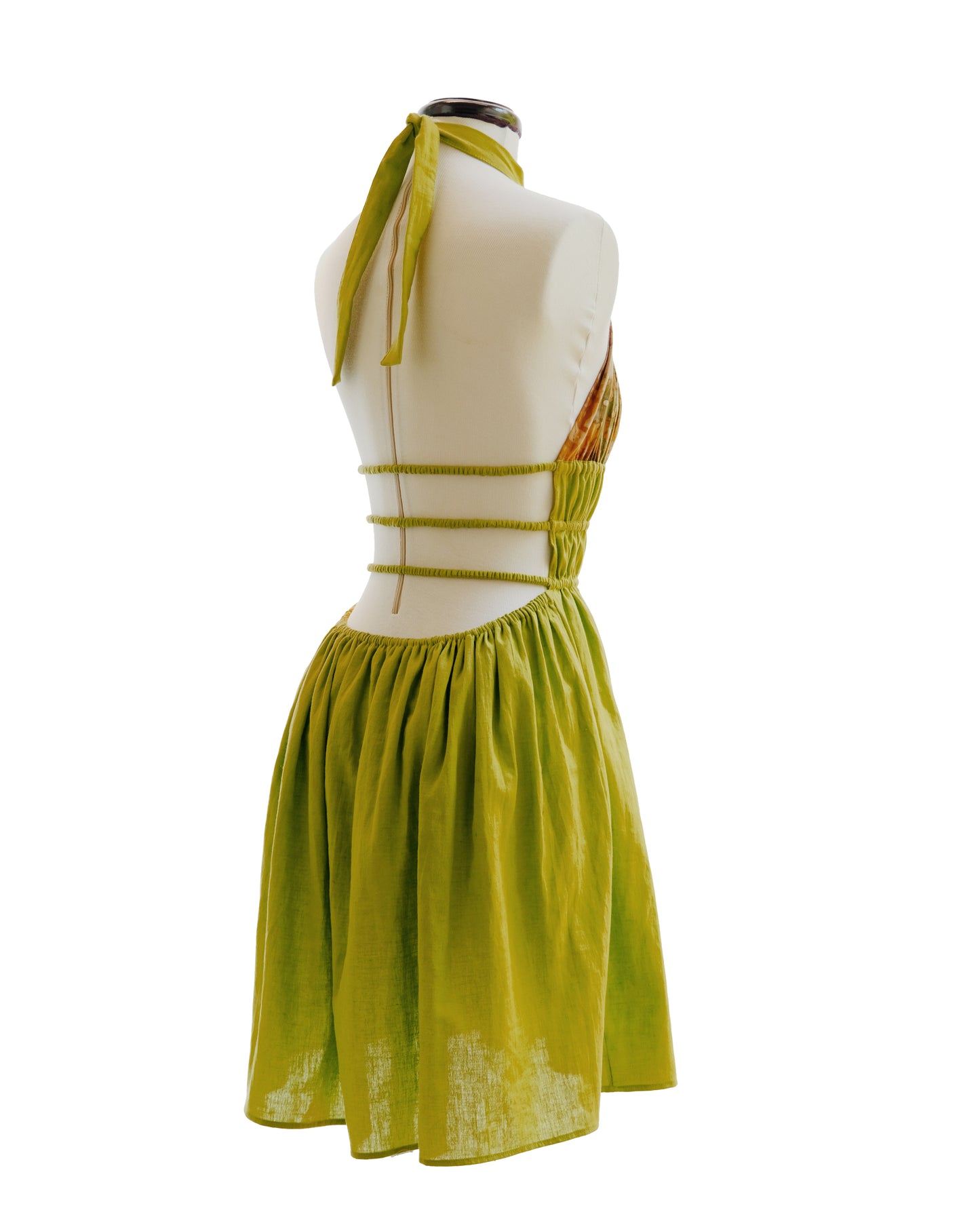 Linen dress with batik-dyed cotton fabric.